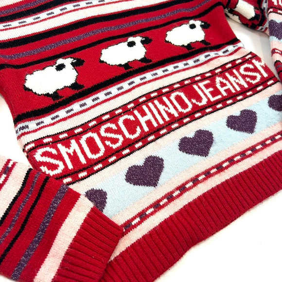 y2k Moschino red striped turtleneck sweater, sheeps, hearts - Picture 4 of 7